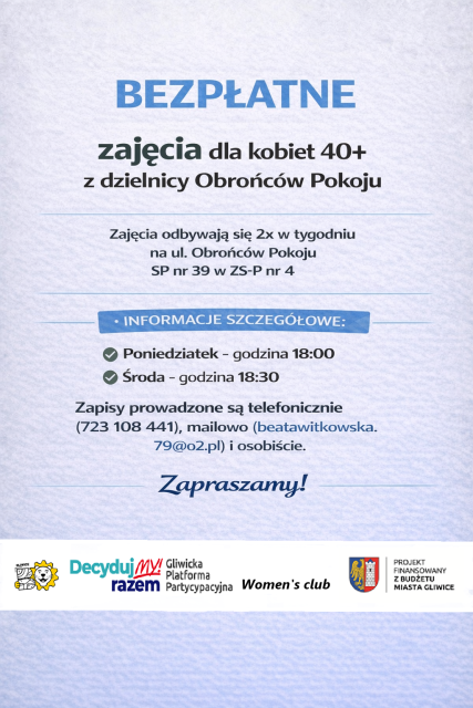 Bezpłatne zajęcia dla kobiet 40+ z dzielnicy Obrońców Pokoju